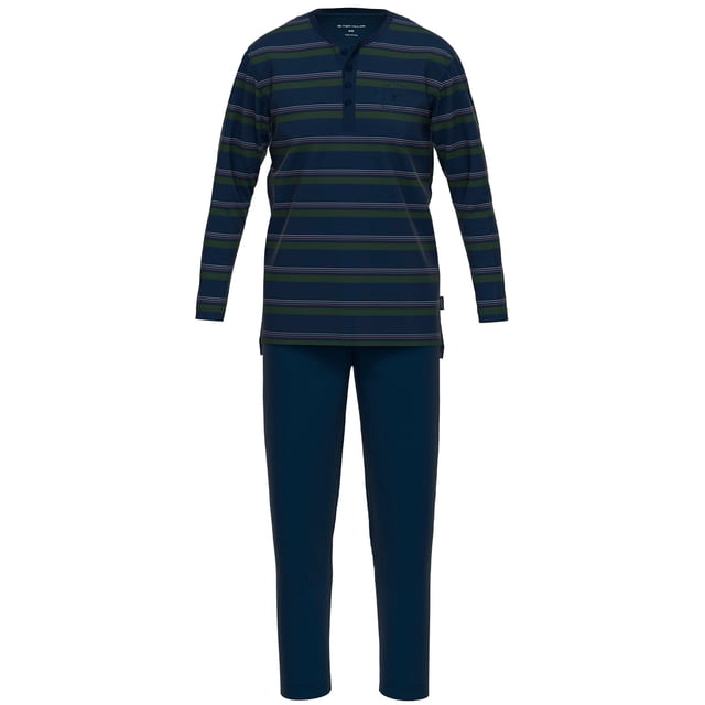 TOM TAILOR Pijama para hombre, con botones, largo, bajo abierto, algodón Azul oscuro/Verde XXL (XX-Large)