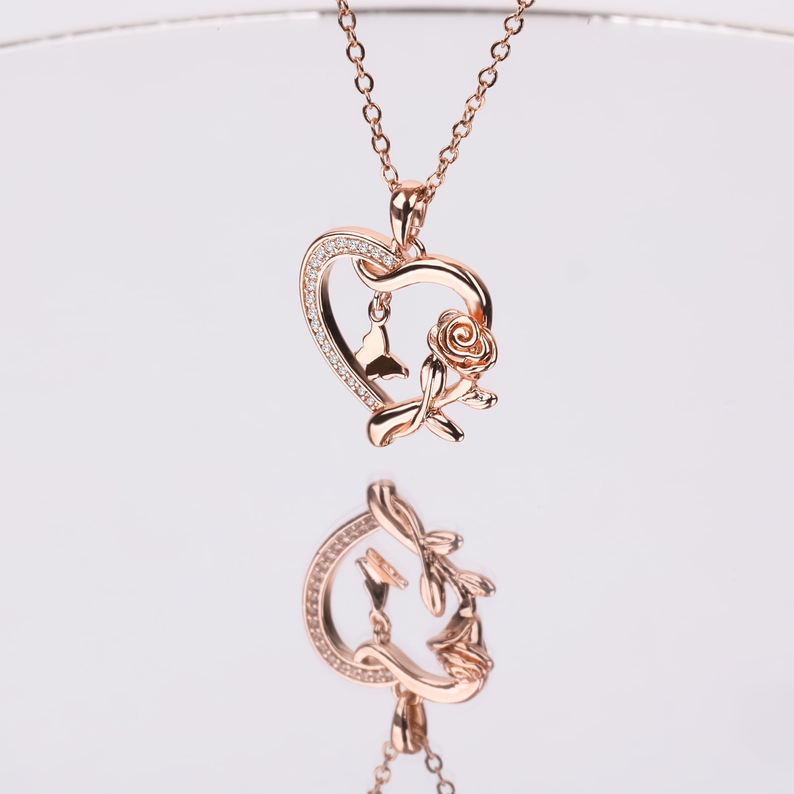 Heart Necklace for Women Rose Gold Plated CZ Romantic Rose and Butterfly Jewelry Gift for Women Birthday Valentine's Day