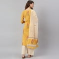 thumbnail image 6 of Janasya Indian Round Neck 3/4 Sleeve Striped Yellow Cotton Kurta With Palazzo And Dupatta For Women, 6 of 9