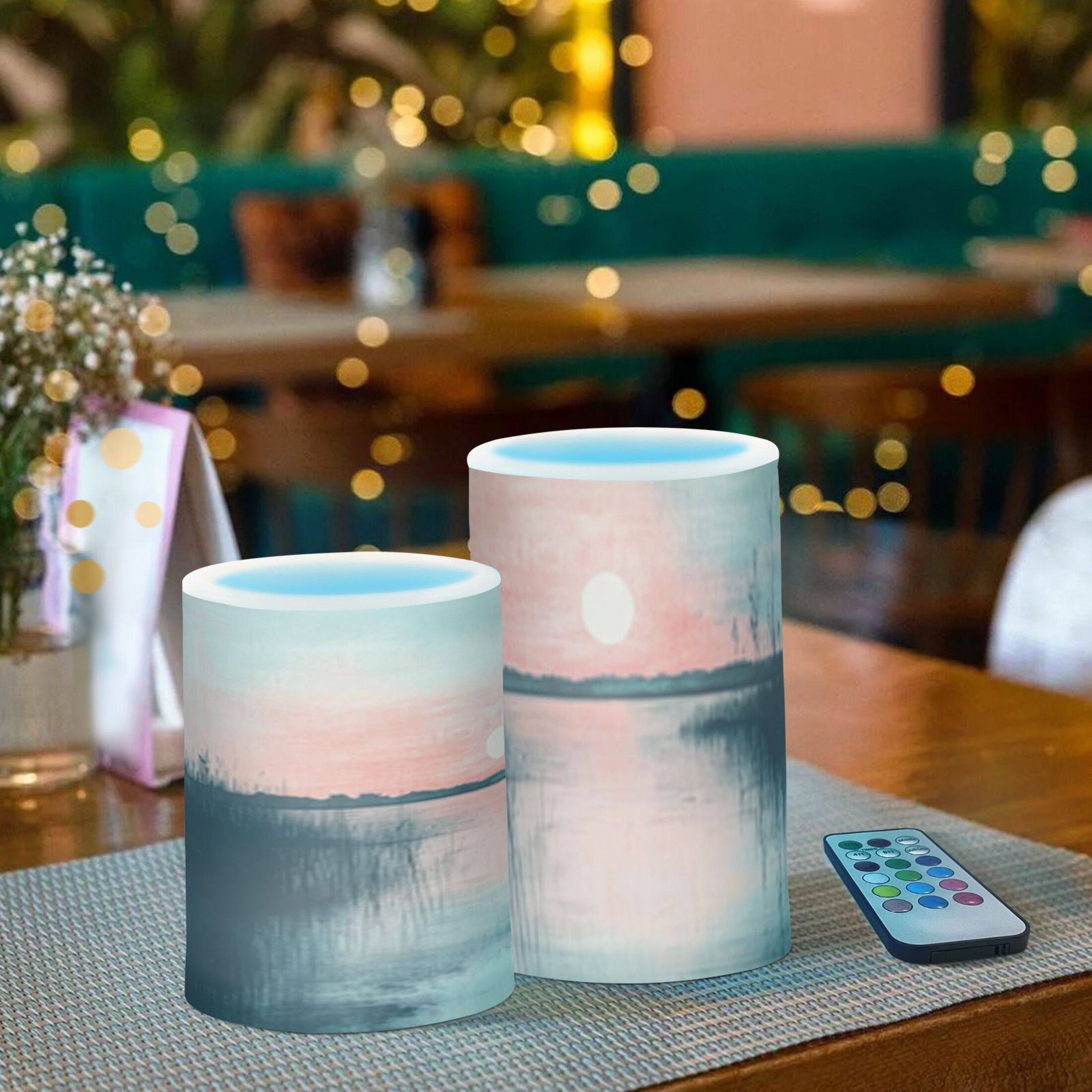 Sunset on The Lake Flickering Flameless Candles Battery Operated with Remote Timer LED Pillar Candles Set of 2