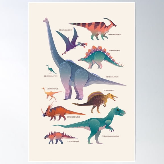 Dinosaur Types Poster Wall Art, Modern Wall Decor For Living Room Bedroom, 16x24 UNFRAMED