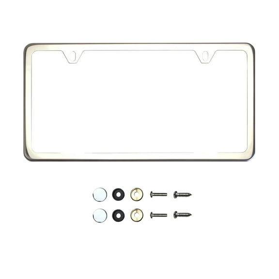 KA Depot Two Hole Slim Version Chrome Polish Mirror License Plate Frame T304 Stainless Steel   Metal Screw Caps