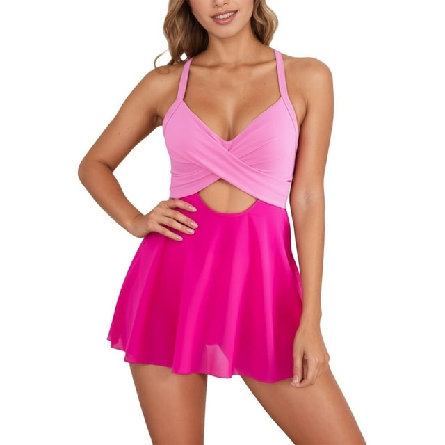 Daznico V Neck Tankini Monokini Swimsuit with Front Design High Waist Full Coverage Bathing Suit for Women