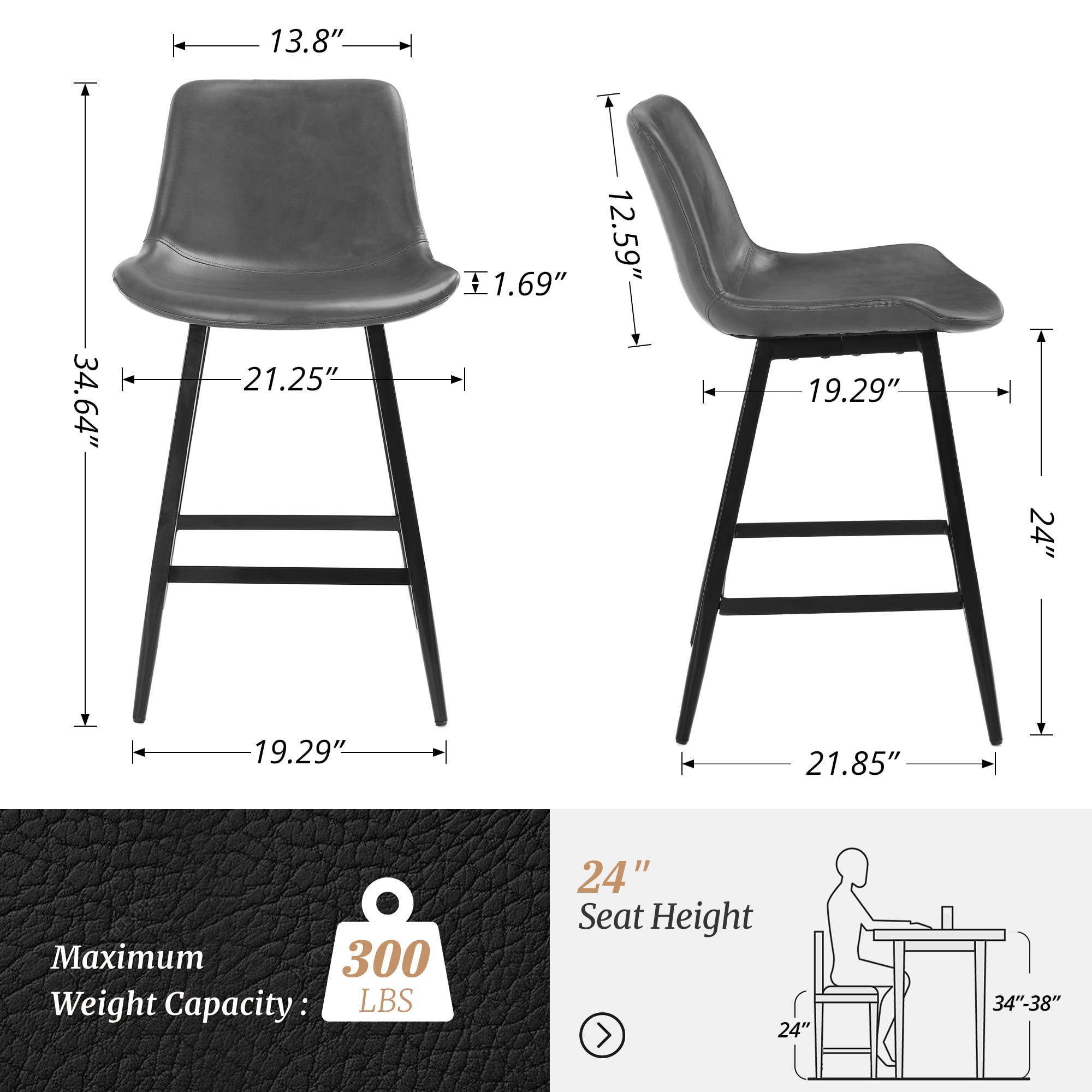 Dycanpo Modern Faux Leather 24 Inch,Counter Height Bar Stools Set of 3,for Home Kitchen, Gray