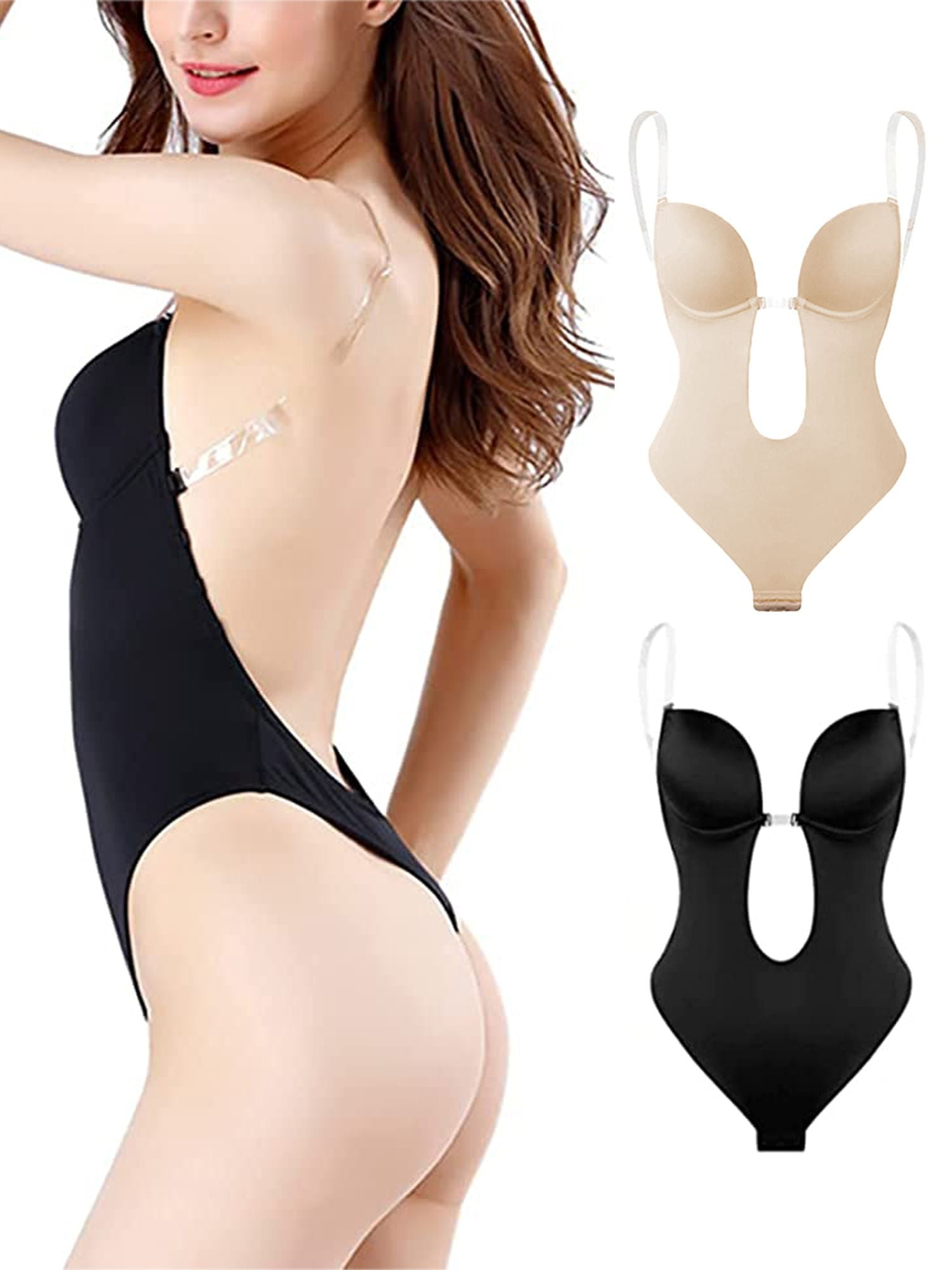 Spencer Women's Backless Shapewear Deep V Bodysuit U Plunge Seamless Thong  Low Back Body Shaper Bra (XL, Black) 