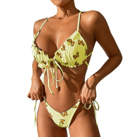 

PEASKJP Sports Bra Swim Top Women Butterflies Print Bikinis Swimsuit Sexy Push Up Bikini Set Two Pieces Beach Bathing Suit