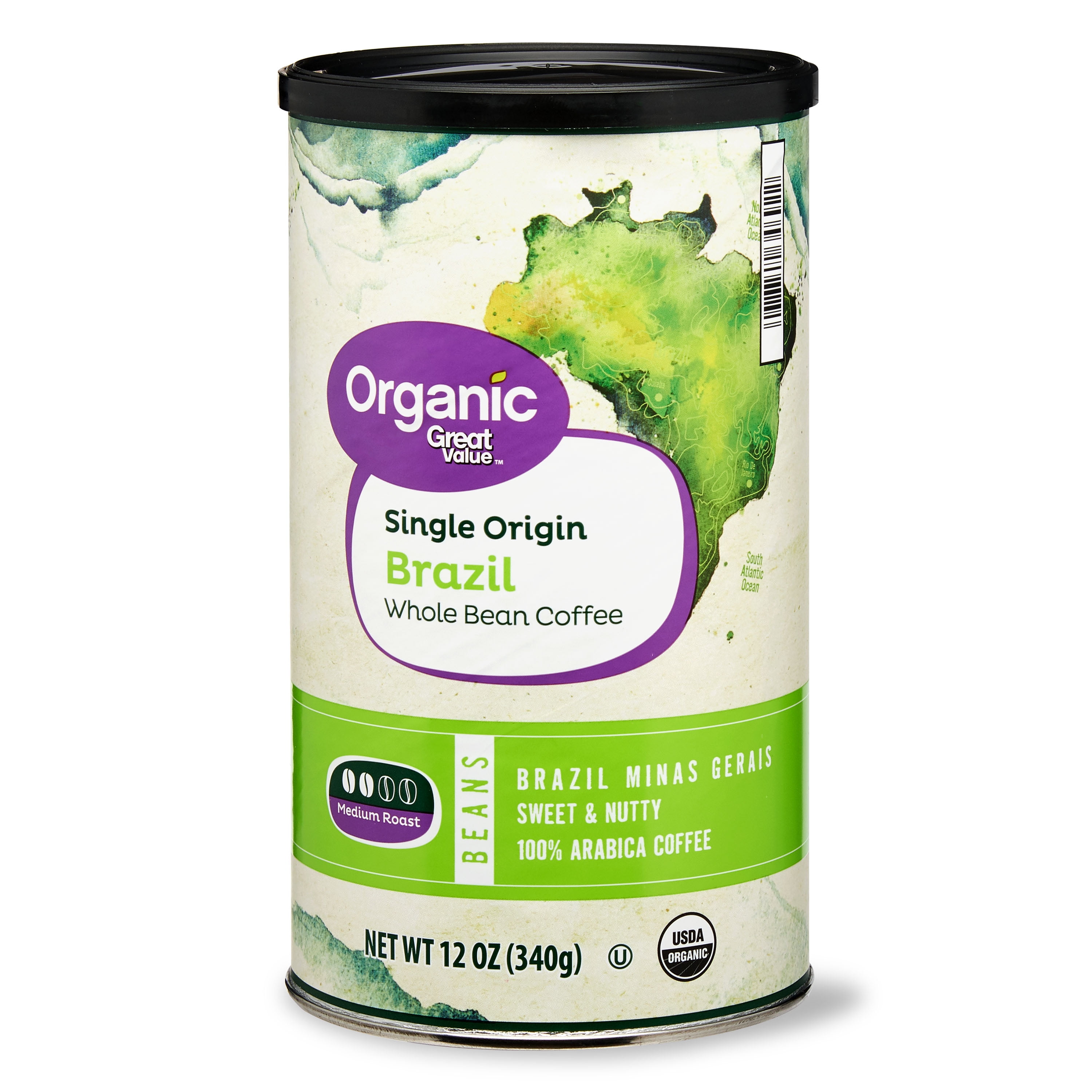 Great Value Organic Single Origin Brazil Whole Bean Coffee, 12 oz