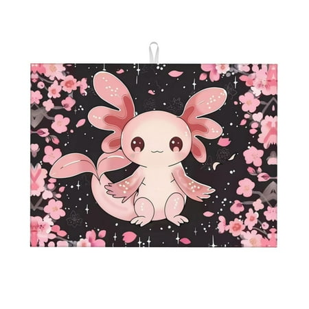 

Dish Drying Mat Cute Axolotl Sakura Blossoms Highly Absorbent Microfiber Drying Mat Kitchen Counter or Sink Drawer Liner 18x24 Kitchen Drying Mat Coffee Mat Kitchen Essentials