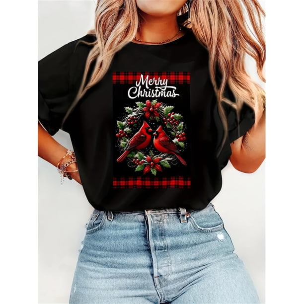 Camiseta navideña para mujer, talla grande (220 g), con estampado de cardenal. Manga corta informal, transpirable y cómoda. Ideal para Navidad. QHX-1123-26. Camiseta para adultos, hombres y mujeres. C