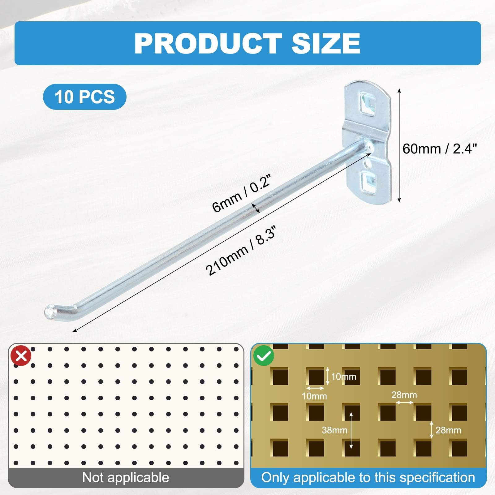 Uxcell 10 Pack Square Pegboard Hooks, 8.3 Inch Supermarket Shelf Rack Hook Metal Heavy Duty Exhibition Display Accessories for Tool Hanging Wall Organizer, Silver