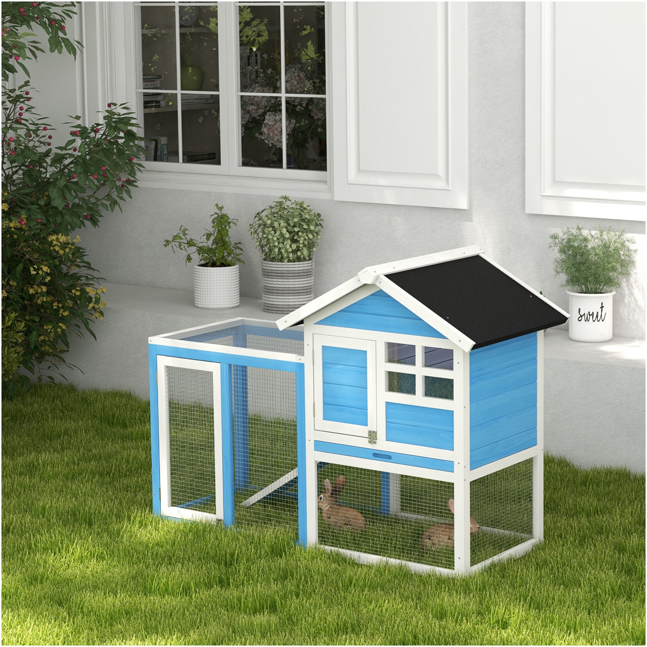 JERFIT 48 Inch Outdoor Rabbit Hutch with Waterproof Roof, Open Run Area, Removable Tray, Wooden Bunny Cage House for Rabbits and Small Animals, Blue