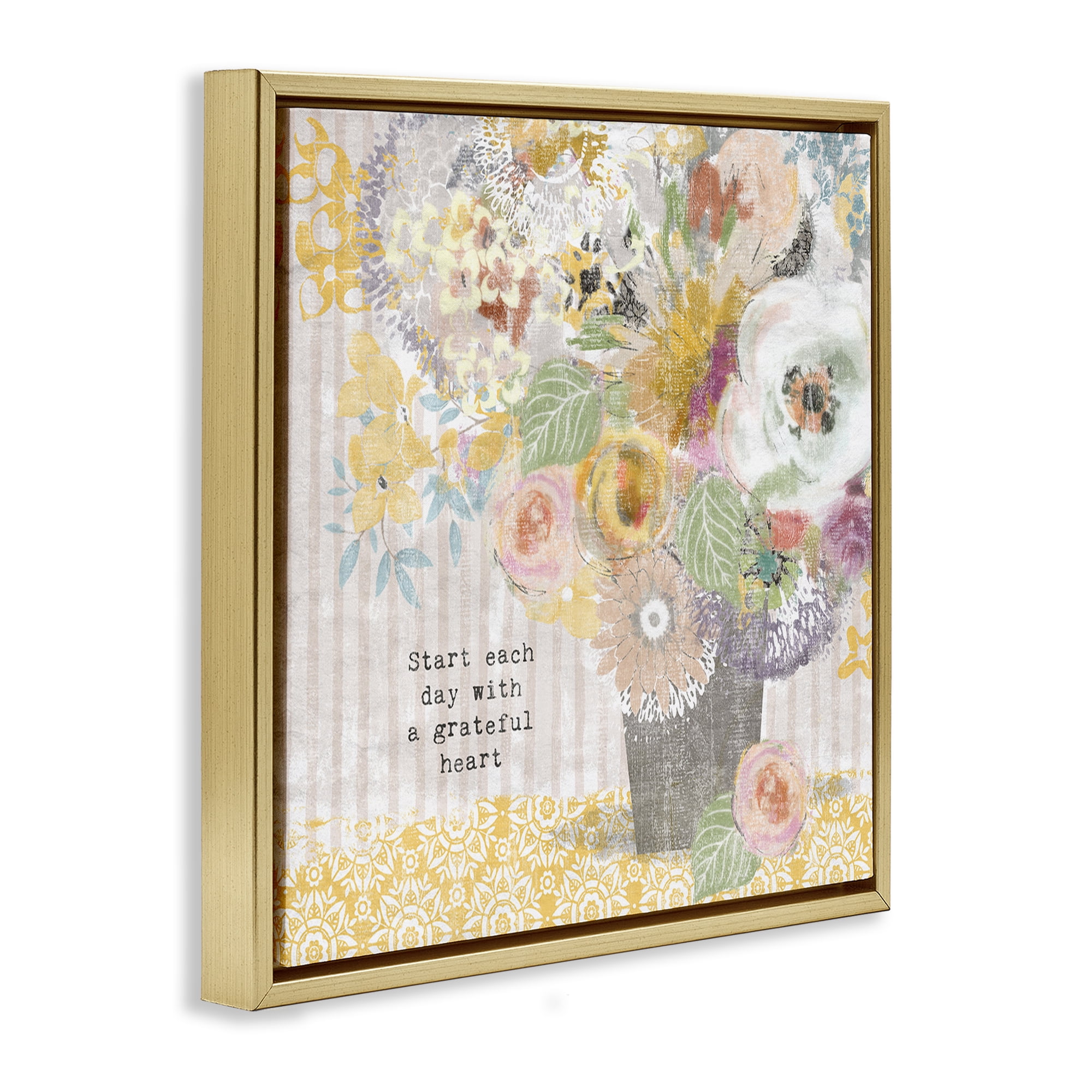 Stupell Industries Floral Inspirations Grateful Heart Gold Framed Floater Canvas Wall Art, design by Suzanne Nicoll