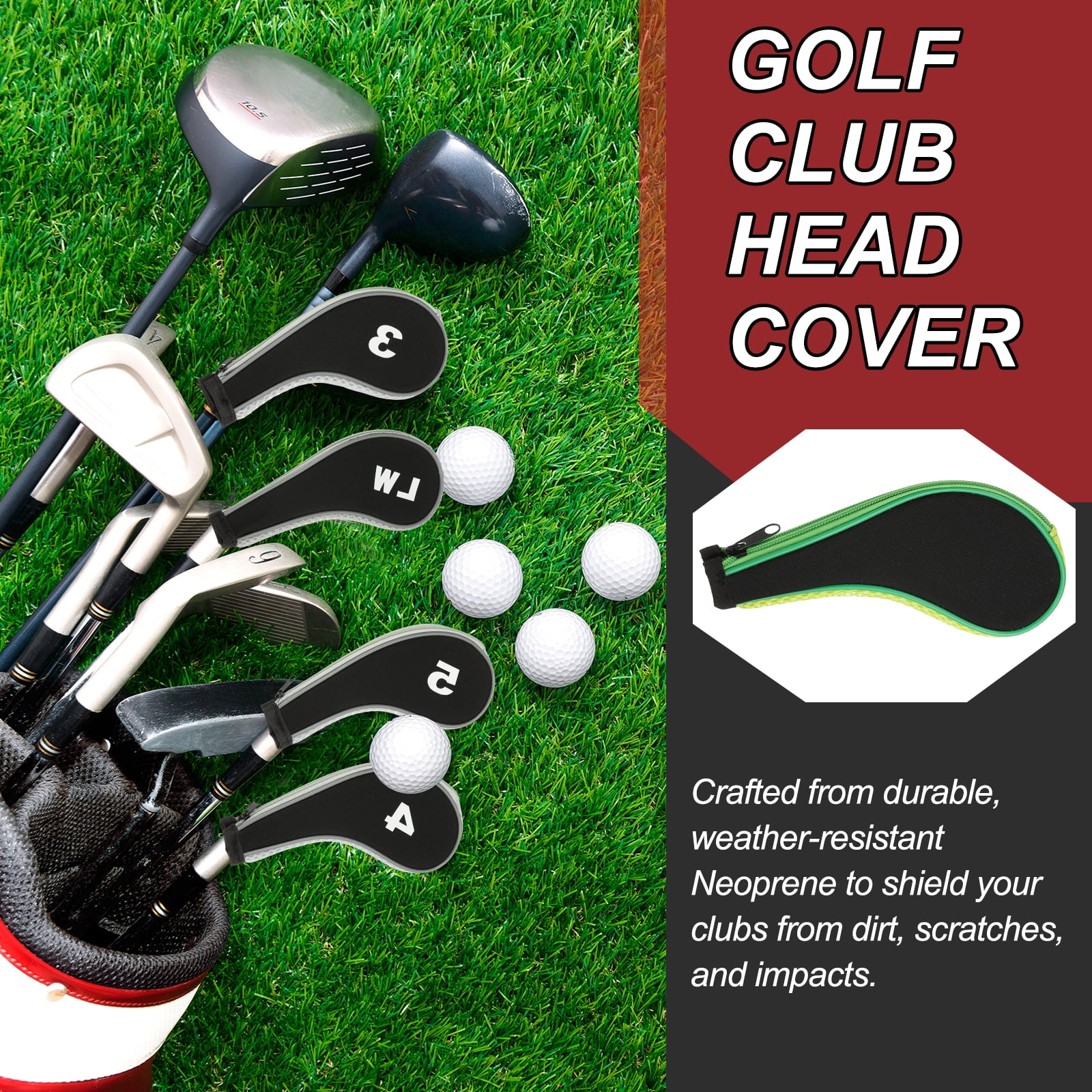 Golf Club Head Cover, 12 Pcs Neoprene Driver Headcover Golf Lovers Gifts for Men Women Black/Green