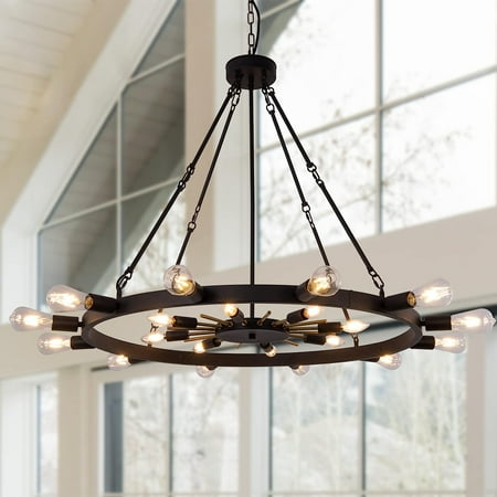 

20-Light Large Black Gold Wagon Wheel Chandelier 42inch 2-Tier