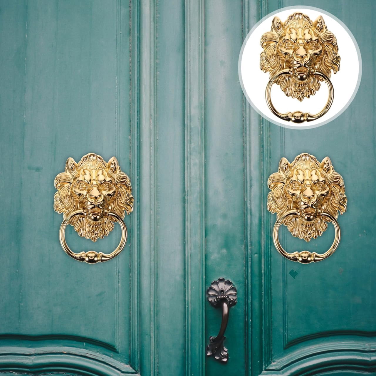 ABCISI Door Handle,  Vintage Brass Lion Front Door Knockers, Antique Decoration Cabinet Cupboard Ring Knob, Brass Door Pull Gold Decor Lion Head Handle, Zinc Alloy