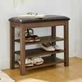 thumbnail image 3 of GZXS 24" Entryway Shoe Rack Bench with Hidden Storage, PU Leather Upholstered Seat, Rubberwood Frame, 3-Tier Adjustable Shelves, Supports up to 400 lbs (Brown), 3 of 9