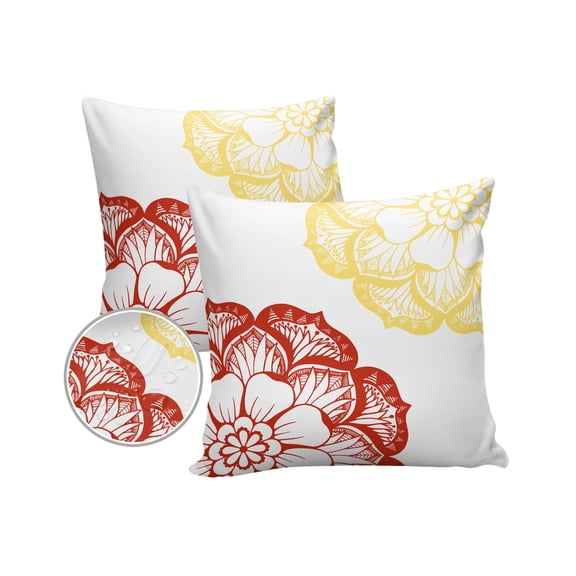 Pack of 2 Outdoor Pillow Covers, Abstract Dahlia Flower Red Yellow Floral Waterproof Square Throw Pillowcase Cushion Decorative Pillow Covers for Couch Patio Tent, 18x18 in