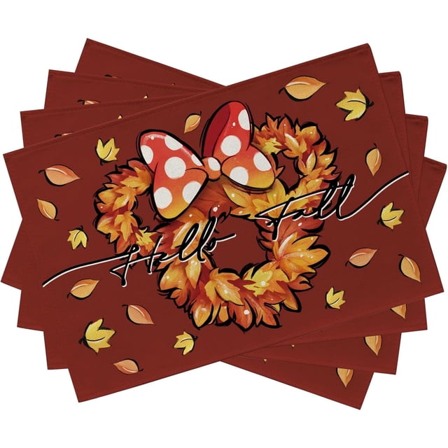 Hello Fall Cartoon Mouse Placemats Set of 4, Red Autumn Maple Leaves Wreath Dining Table Place Mats, Seasonal Kitchen Decor Home Decoration 12 x 18 Inch
