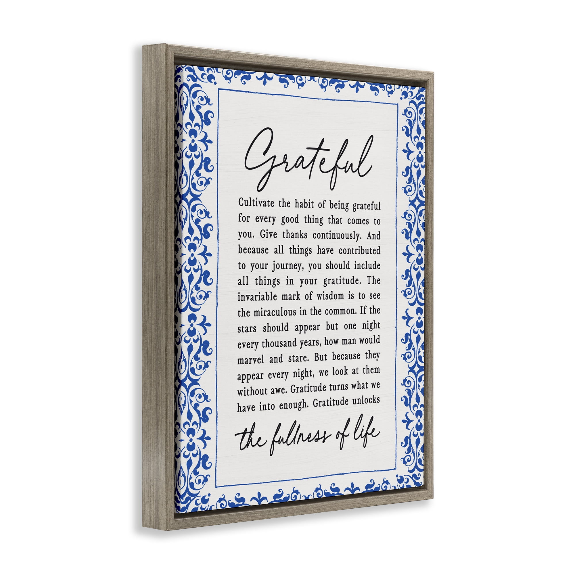 Gratitude Unlocks Fullness Of Life Brown Framed Floater Canvas Wall Art, design by Lettered and Lined