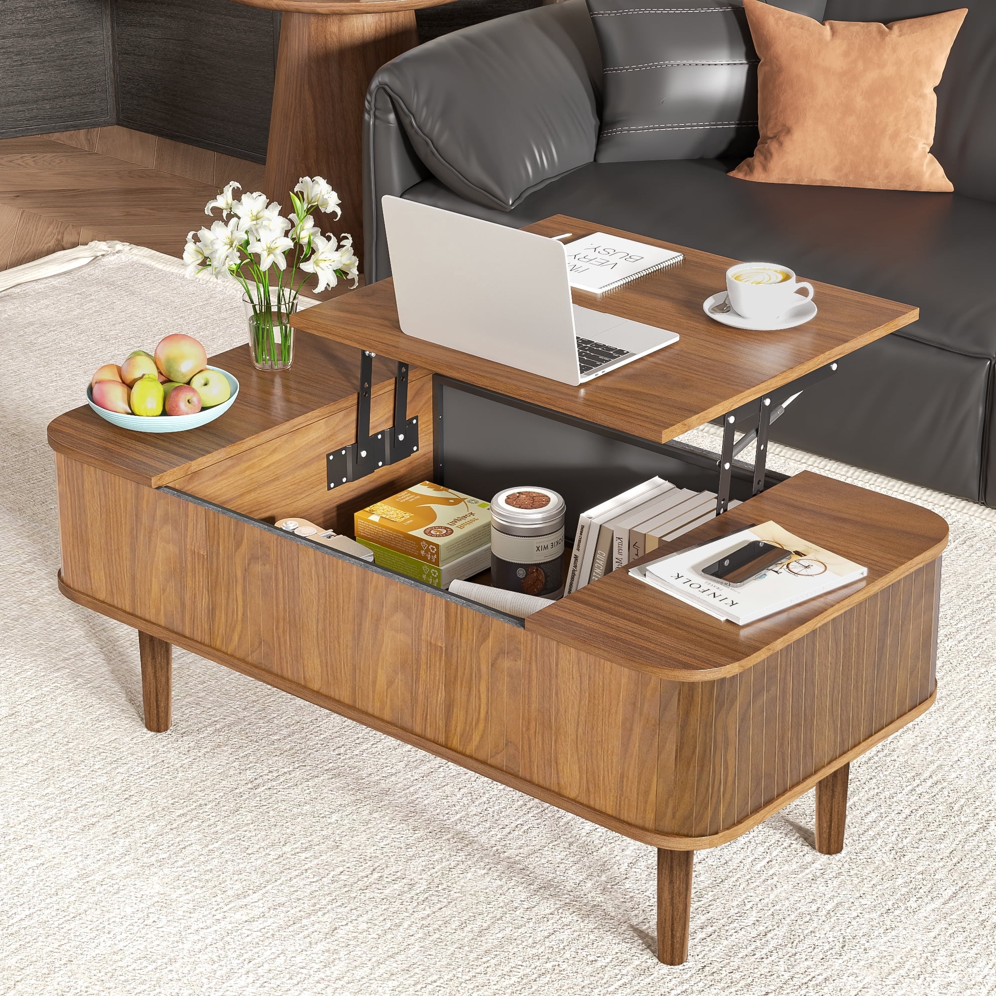 Lift Top Coffee Table with Storage, Mid Century Modern Coffee Table for Living Room, Small, Walnut