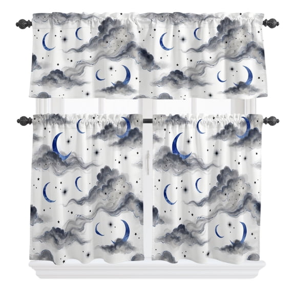3 Pieces Kitchen Curtains and Valances Set Tier Curtains Dreamy Starry Night Short Curtain Rod Pocket Window Curtain Panels Cloud Twinkling Stars Moon (Single Panel 54"x18",2 Tiers 24"x36")