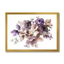 Designart 'Purple Retro Flowers With Brown Leaves On White' Traditional Framed Art Print