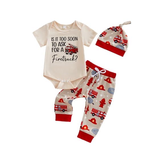BemeyourBBs Newborn Baby Boy Firefighter Outfit Infant Summer Clothes Is It Too Soon To Ask For A Fire Truck Short Sleeve Romper Pants Set Hat
