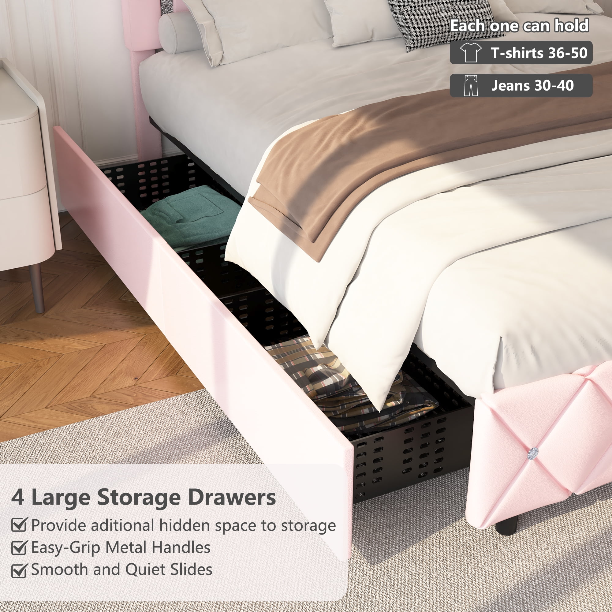 4 EVER WINNER Twin Size LED Bed Frame with Storage, Upholstered Platform Bed with 2 Drawers, Adjustable LED Lights Headboard, Pink
