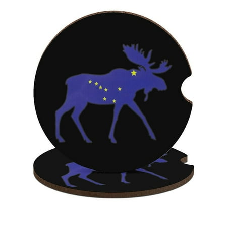 

Alaska Flag Moose Car Coasters for Drinks with A Finger Notch for Easy Removal Cup Holder Coaster Cup Mat Car Interior Accessories 2PCS