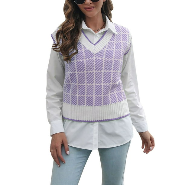 Chaleco de suéter para mujer suéter sin mangas a cuadros tejido de poliéster suave lavable a máquina informal de moda para citas de invierno ANGGREK Otros