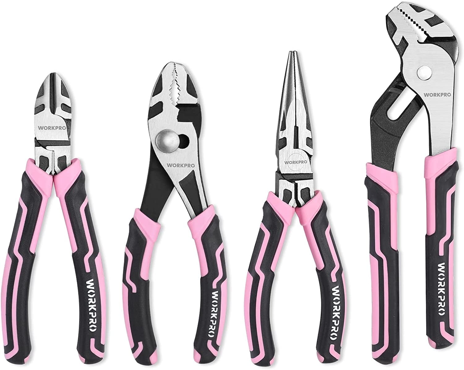 WORKPRO 4-Piece Pliers Set, Premium CR-V Construction Pliers Tool Sets Including Long Nose, Diagonal Cutting, Groove Joint and Slip Joint Pliers(Pink)