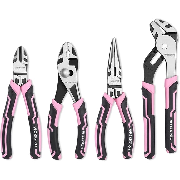 WORKPRO 4-Piece Pliers Set, Premium CR-V Construction Pliers Tool Sets Including Long Nose, Diagonal Cutting, Groove Joint and Slip Joint Pliers(Pink)
