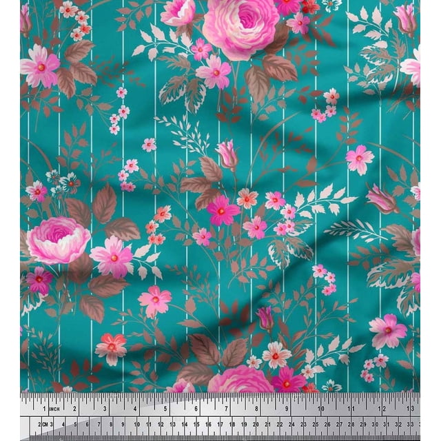 Soimoi Tissu en Velours à Rayures, Feuilles et Roses Imprimé Floral au Mètre 58 Pouces de Large
