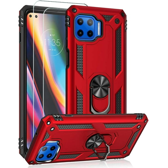 Compatible with Moto One 5G Case, Motorola One 5G UW Case, with Tempered Glass Screen Protectors, Military-Grade Metal Ring Kickstand 16ft Drop Tested Shockproof Cover Case,Red
