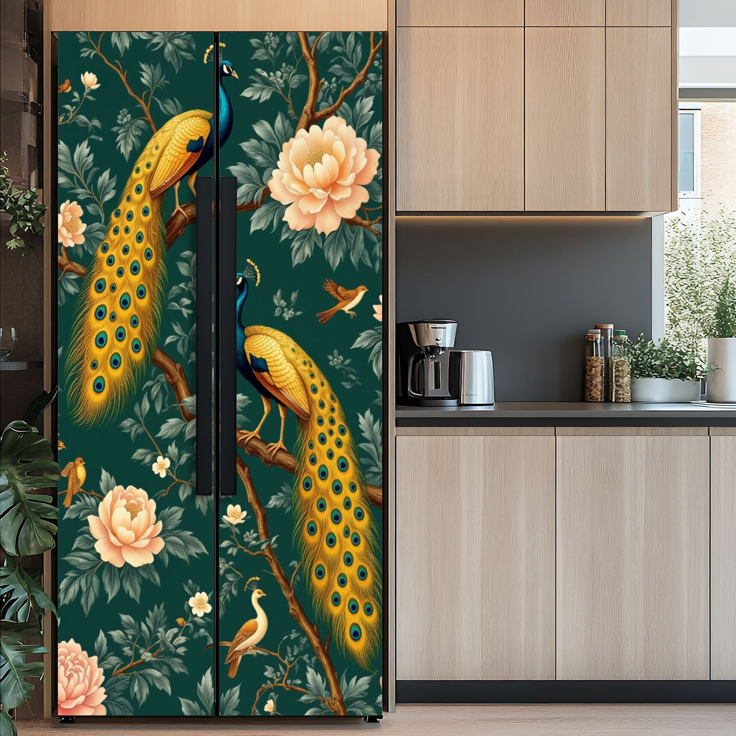 Self Adhesive Vinyl Refrigerator Wrap Set Elegant Peacock Floral Design Vintage Style Dark Green Door Mural Removable Fridge Sticker Peel and Stick&nbsp;Full Door Cover Decal Kitchen Bar Decor