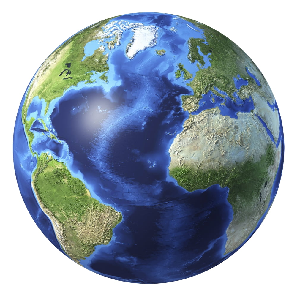 3D rendering of planet Earth with clouds, centered on the Atlantic Ocean, with North America