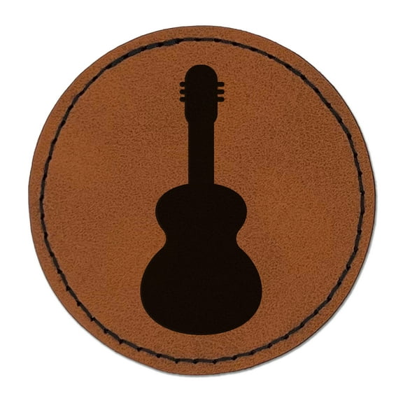 Guitar Solid 2.5" Faux Leather Round Engraved Iron-On Patch - Brown