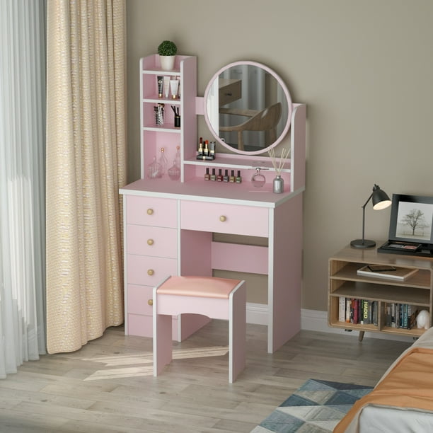 Multifunctional Computer Armoire Set Makeup Dressing Table with Mirror and 5 Drawers for Bedroom, Pink - Walmart.com