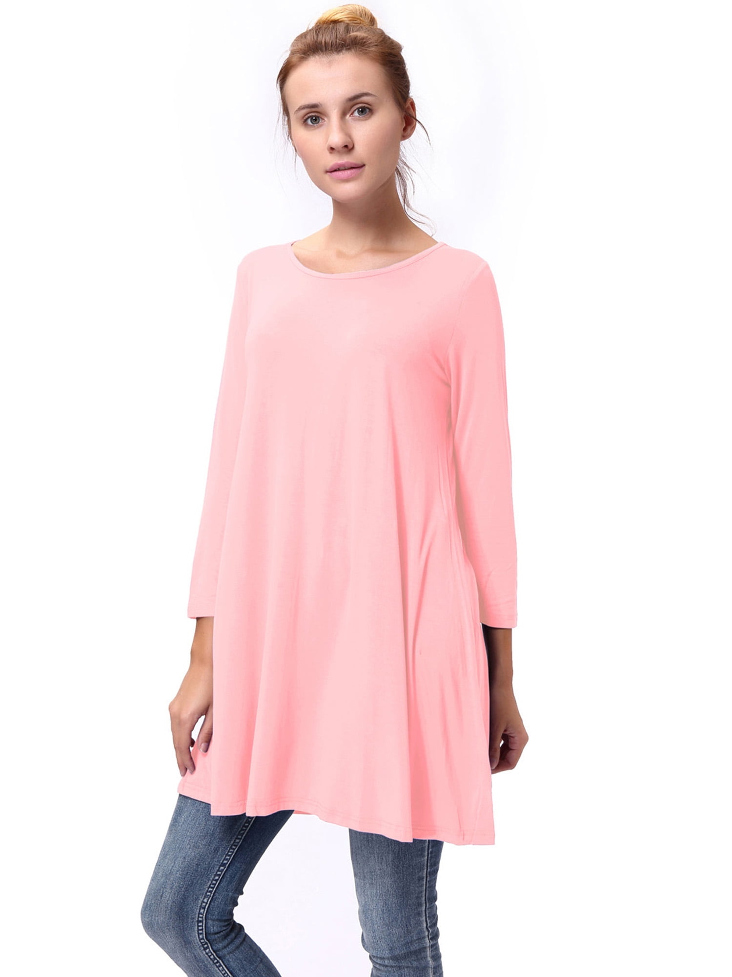 Lelinta - LELINTA Women 3/4 Long Sleeve Tops Loose Trim Solid Color Round Neck Plus Size T-Shirt 