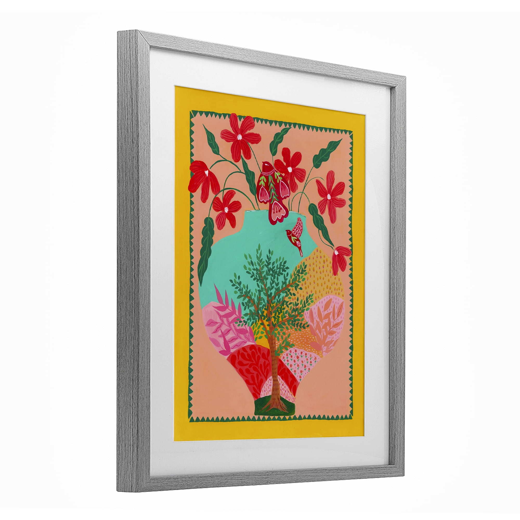 Folk Patterned Hope Vase Gray Framed Print Under Glass, design by Nabeela Rumi