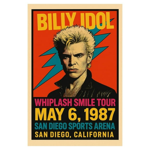 Billy Idol Poster, Whiplash Smile Tour, Concert at the San Diego Sports Arena, May 6th, 1987, Art Print
