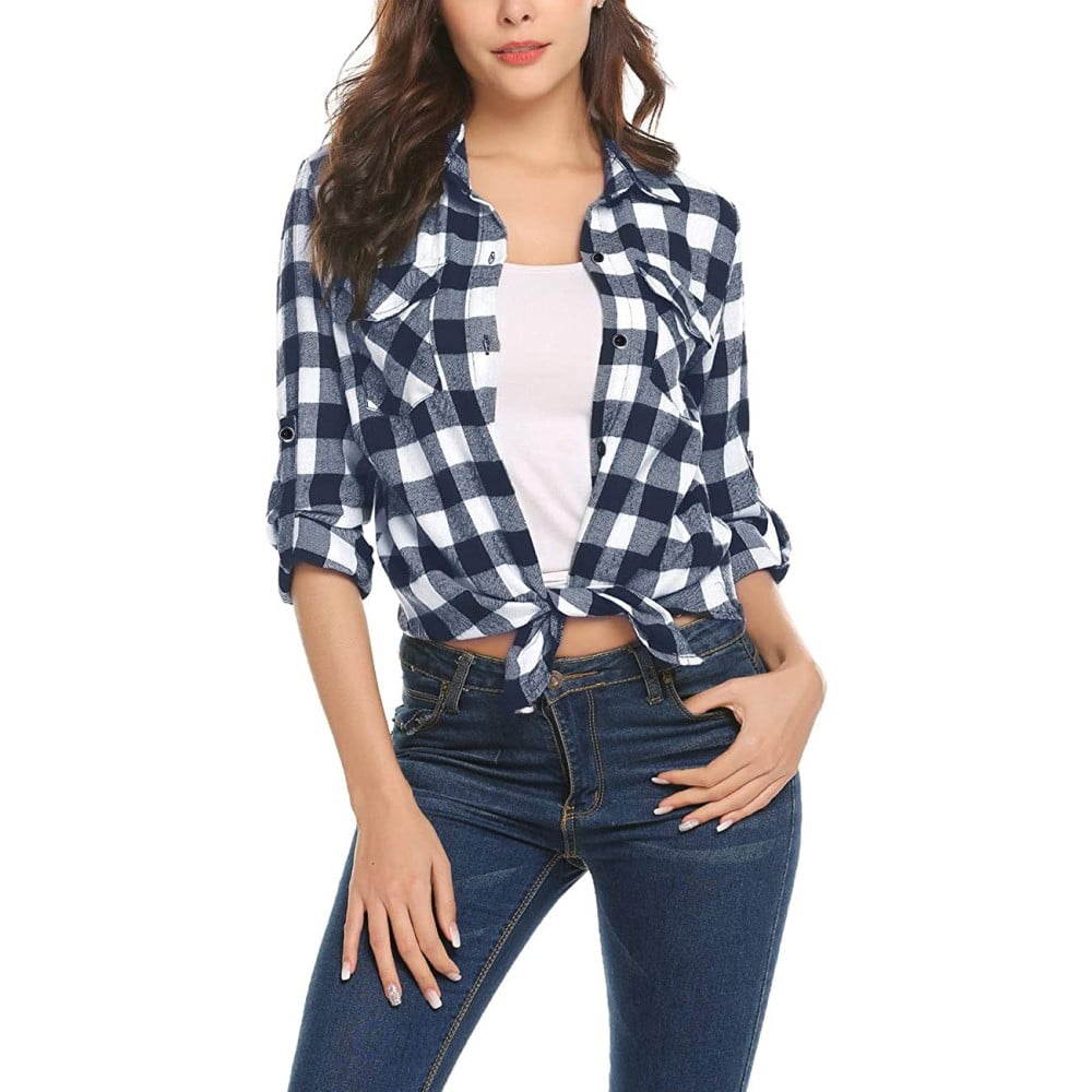 Ladies Code Womens Knit Plaid Button Down Shirt Roll Up Sleeve