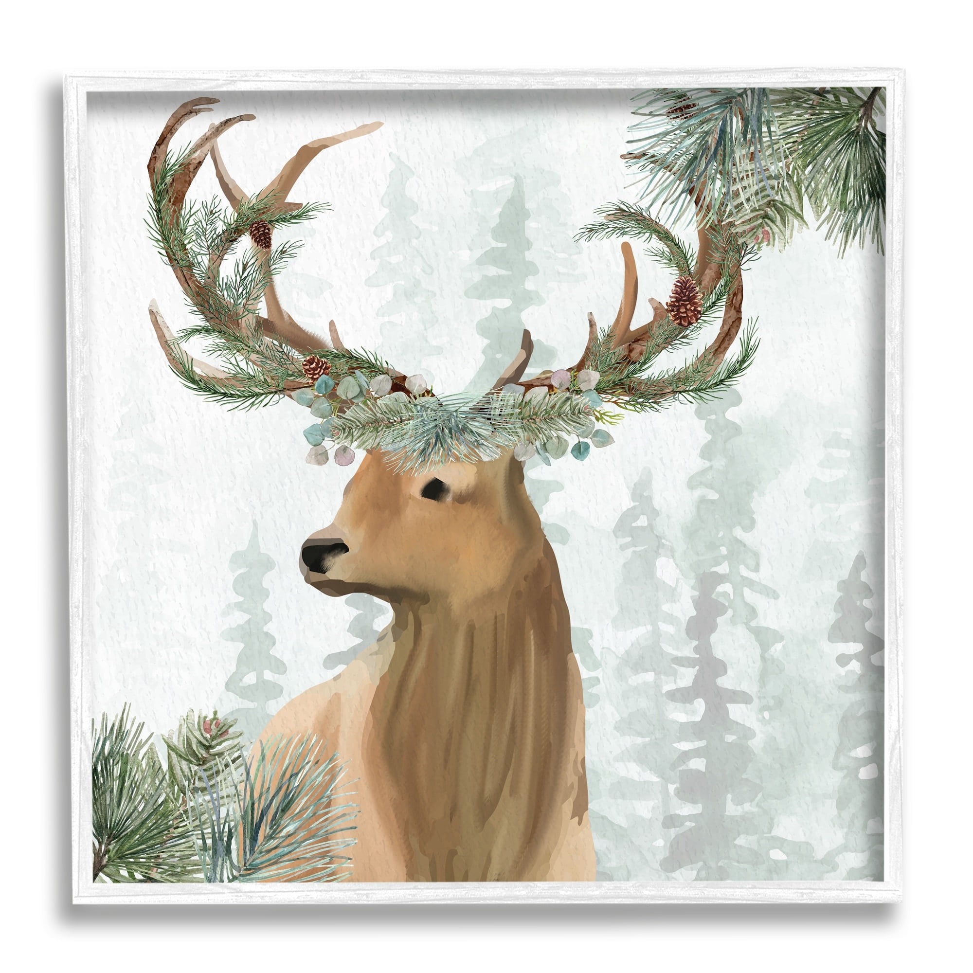 Stupell Industries Winter Forest Elk Festive Pine Antlers Woodland Trees, 24 x 24,Design by Kim Allen