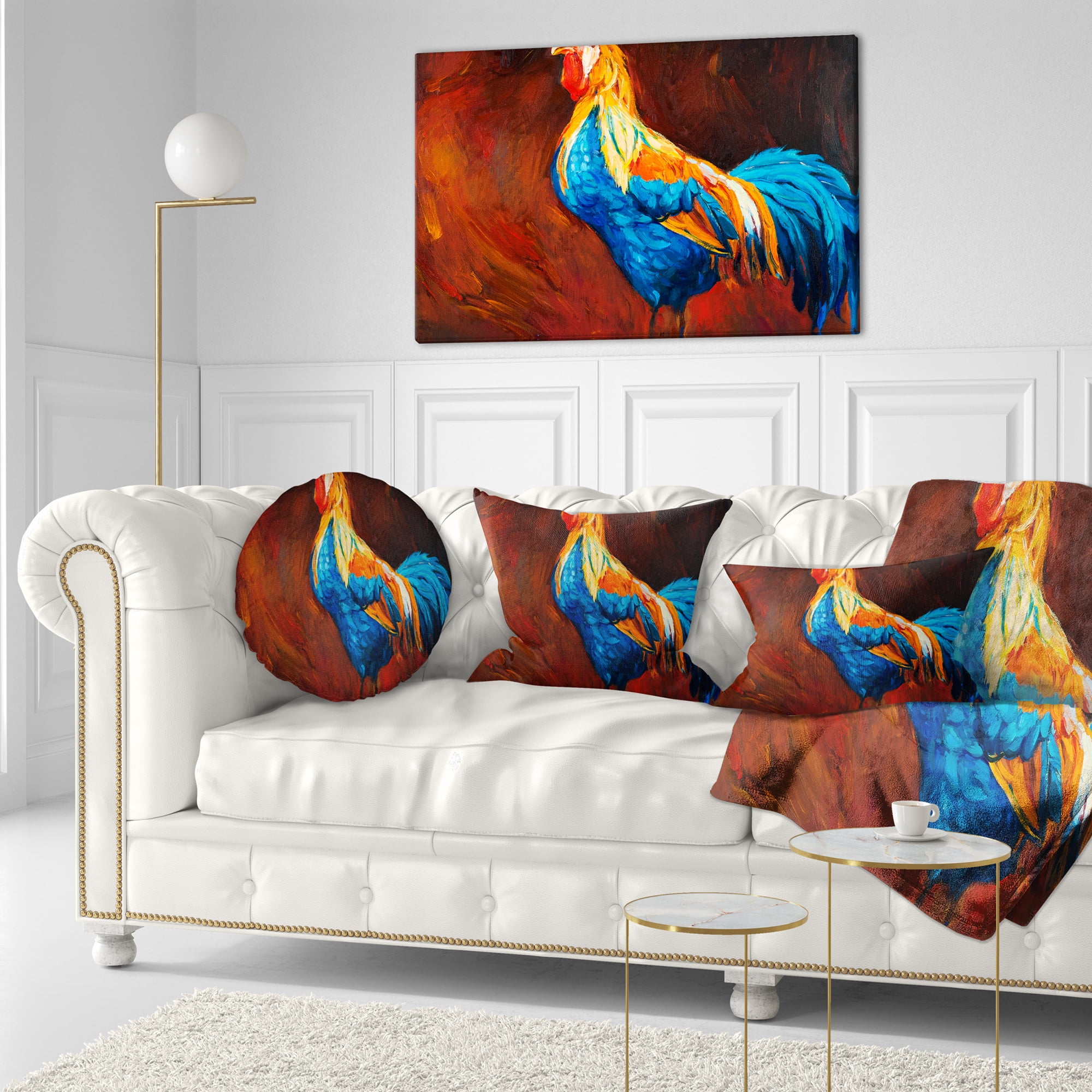 Designart Blue and Orange Rooster - Animal Throw Pillow - 12x20