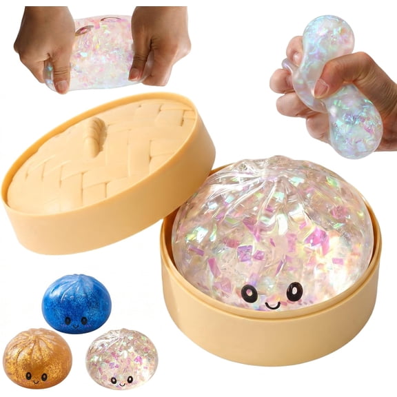 Glitter Dumpling Squishy, Dumpling Squishies Mystery Box, Viral Bao Bun Squeeze Toys, Colorful Sensory Fidget Toys for Stress Relief, Stretchy Desk Toys, Party Favor Gift for Teens & Adults