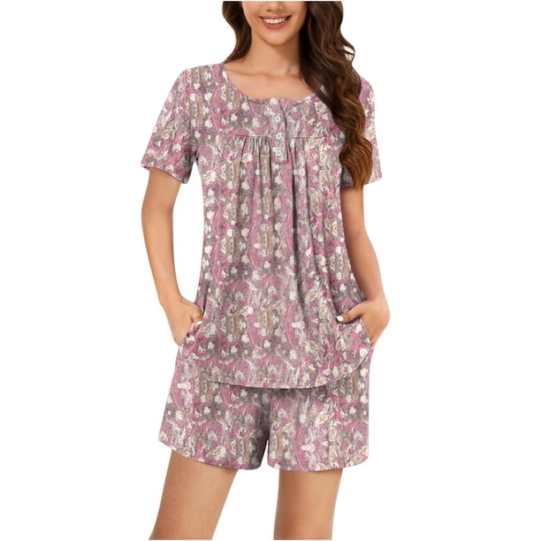 Conjunto de Ropa de Salón de las Mujeres Impreso Cuello Redondo Manga Corta Superior Y Pantalones, Ropa de Casa Suave Dos Piezas