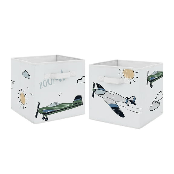 Sweet Jojo Designs Airplane Green and Blue Boy Fabric Storage Bins 2 Piece Set