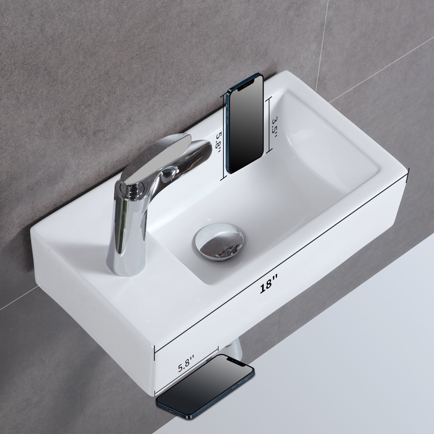 HOROW Bathroom Corner Sink, 18”x10" Small Wall Mount Sink Rectangle White Porcelain Ceramic Vessel Sink, Left Hand