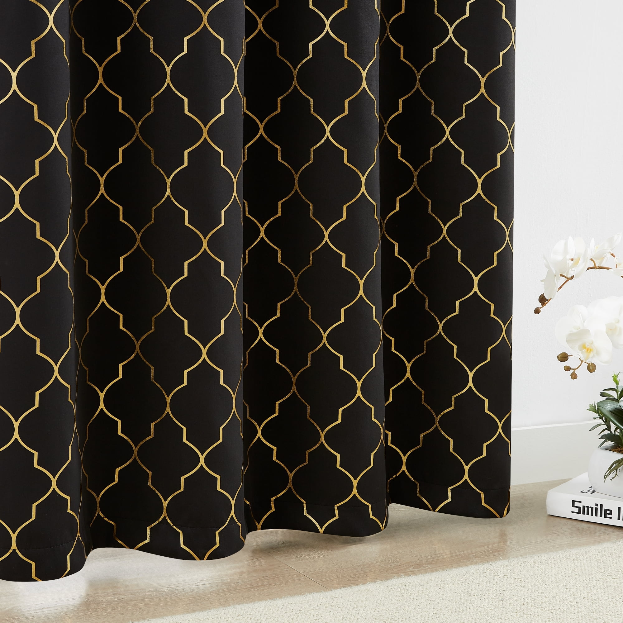 Bohogeo Full Blackout Window Curtain Panels for Bedroom,Black Modern Room Darkening Drapes with Gold Geo Metallic Moroccan Pattern Printed,Grommet Window Treatment,52" Wx84 L(Pack of 2),Black/Gold