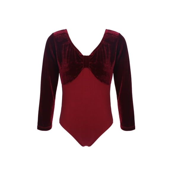 Sinleey Kids Girls V Neck Long Sleeve Ballet Dance Leotard Unitard Bodysuit Velvet Splice Button Burgundy 110